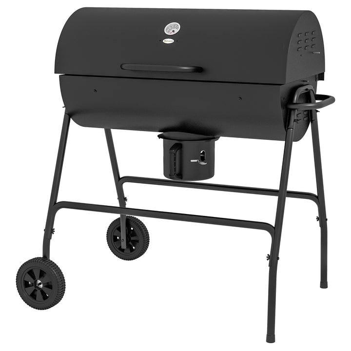 Metalkulgrill BBQ-ryger med låg, termometer, hjul, grillvogn, 95x71,5x102 cm, sort