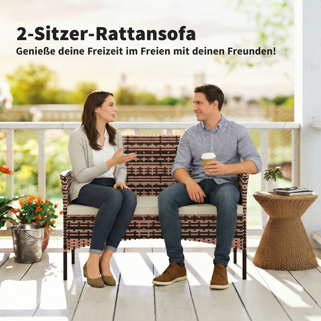 2-personers havesofa i rattan, PE-rattan udendørs terrassesofa med hynder, skridsikre måtter, stålstel, khaki