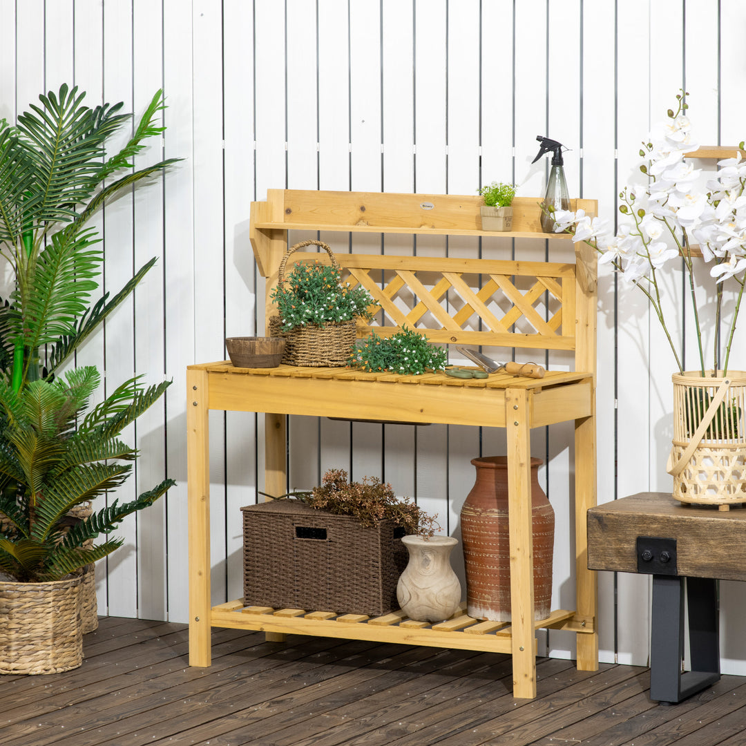 Havearbejdsbord, integreret rustfri stålvask, 2 hylder, massivt træ, brunt, 92 x 45 x 120 cm