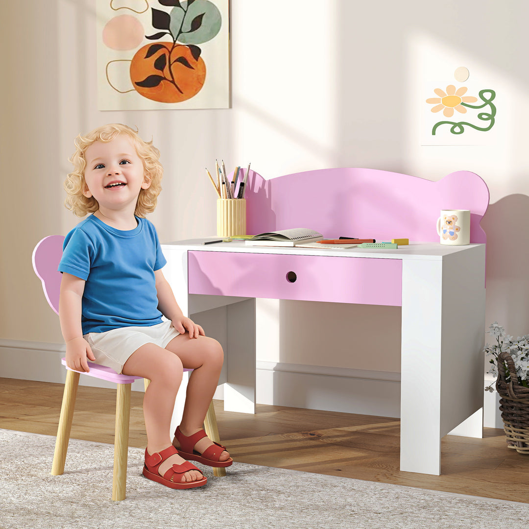 Børne skrivebordssæt, bjørneformet skrivebord og stol med skuffe, til skrivning og kreativitet, alder 3-8, pink