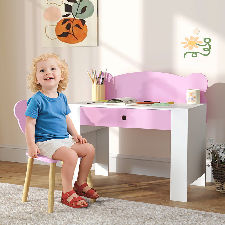 Børne skrivebordssæt, bjørneformet skrivebord og stol med skuffe, til skrivning og kreativitet, alder 3-8, pink