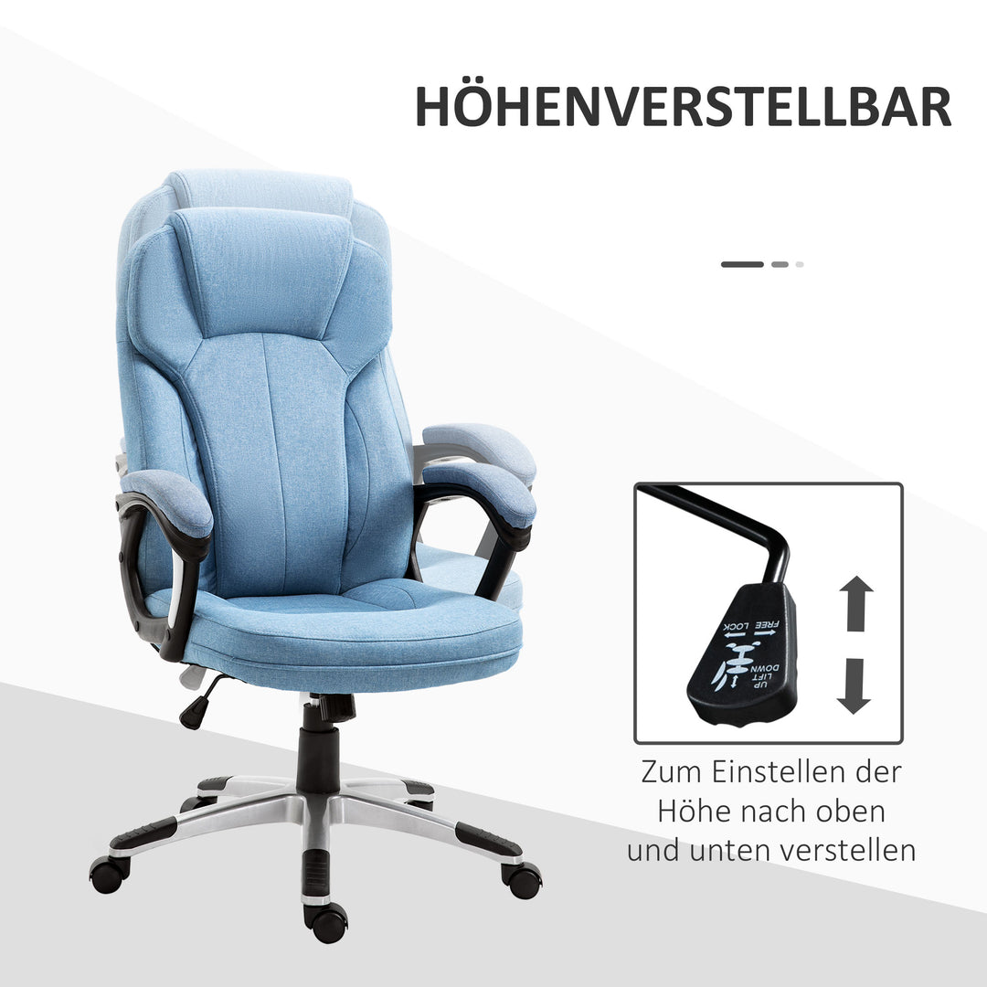 Kontorstol, computerstol, drejestol, højdejusterbar, vippefunktion med nakkestøtte og polstrede armlæn, ergonomisk, lyseblåt hør, 66 x 75 x 110-120 cm