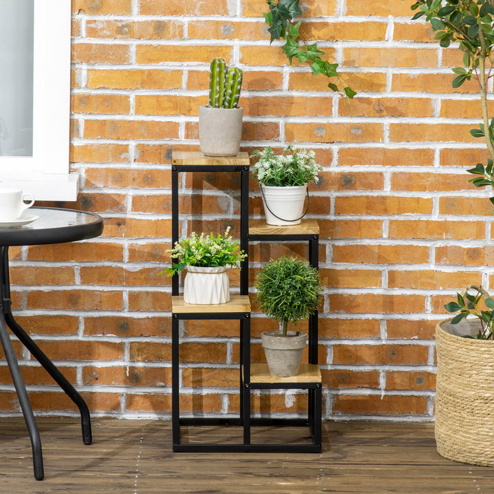 Industrielt plantestativ med 4 hylder, blomstertrappe, 34 cm x 34 cm x 66 cm, naturlig + sort