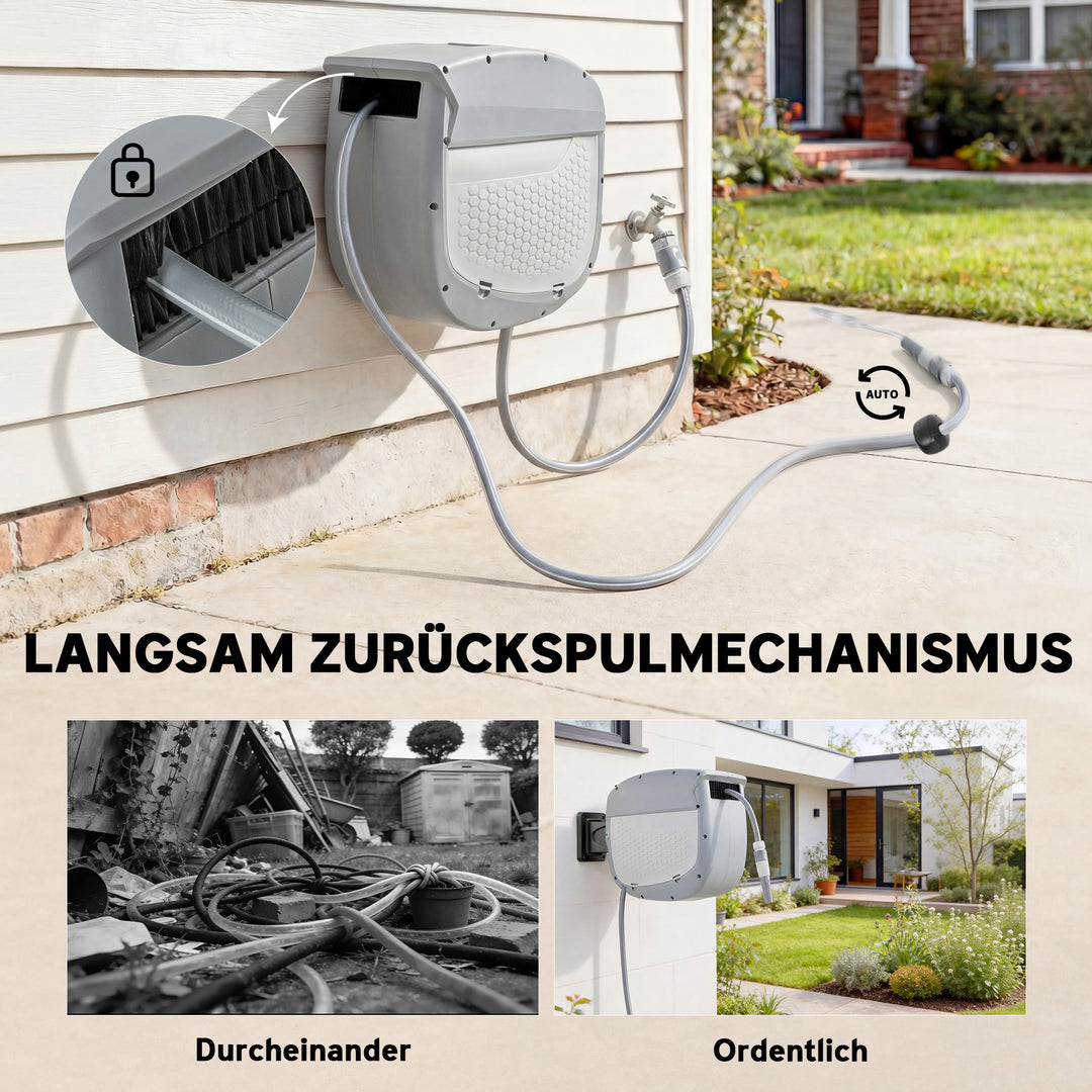 Slangeopruller med 30 m haveslange, 180° drejelig slangeboks med automatisk oprulning og selvlåsende mekanisme.