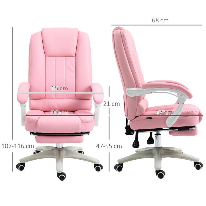 Kontorstol med fodstøtte, justerbar ryglæn, højdejusterbar, 5 hjul, pink + hvid