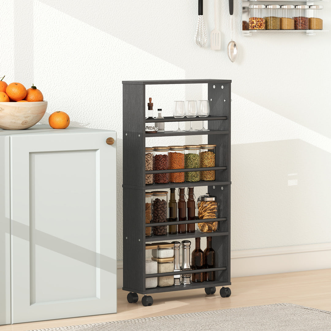 Multifunktionel hylde med hjul, slankt design, 4 rum, 45x15x91 cm, sort