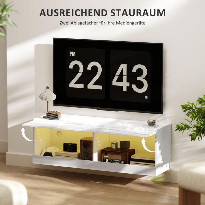 Tv-skab med led-belysning, 16 blinkende tilstande, vægmonteret tv-skab, åbne hylder, 120 x 35 x 40,5 cm, hvid