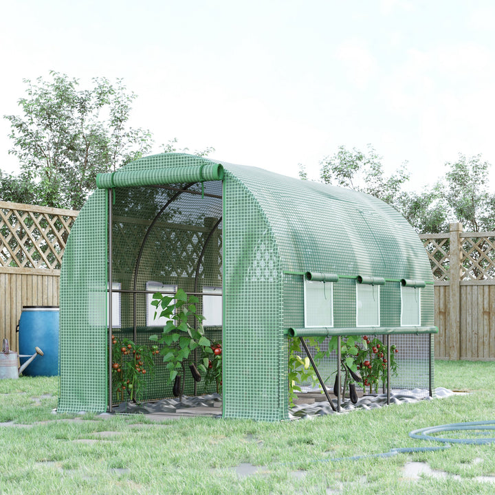 Polytunnel drivhus, 6 rullevinduer, lynlåsdør, ramme i rustfrit stål, 2,95 x 2 x 2 m, grøn