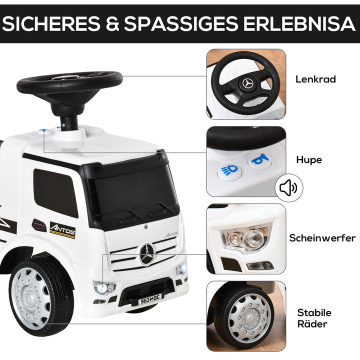 Kørestol, babykørestol, licenseret af mercedes, antos lastbilstil med lys, til børn 12 til 36 måneder, metal, pp-plast, hvid + sort, 62,5 x 28,5 x 45 cm