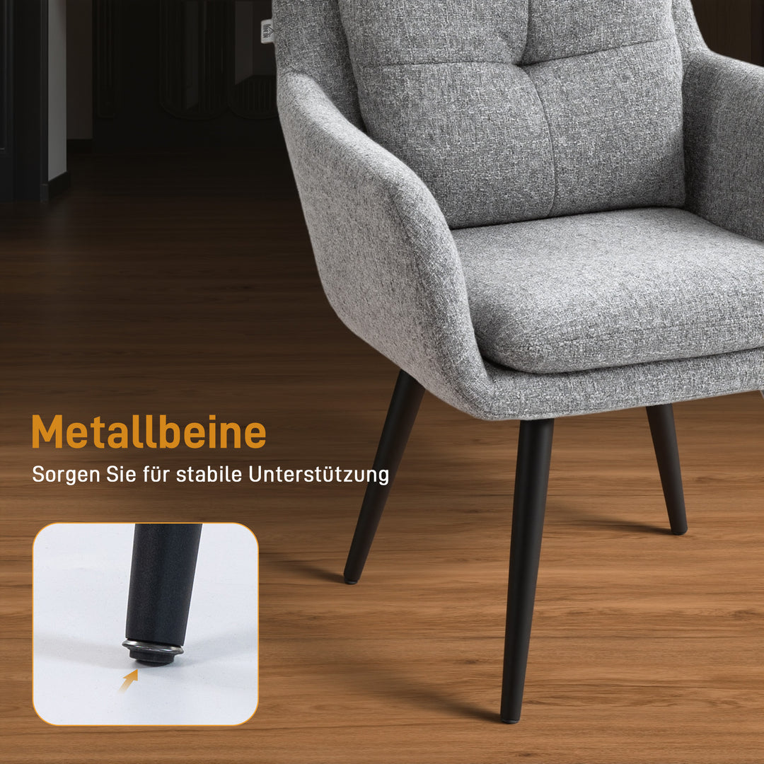 Moderne accentstol, polstret stol med metalben, linnedlook, lysegrå