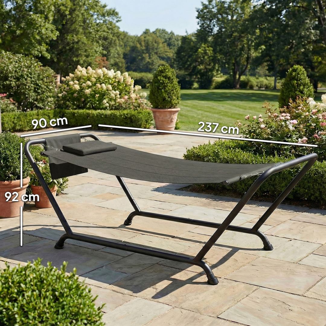 Hængekøje med stativ 237 x 90 cm, hængekøje med sprederbøjle og sidelomme, nakkestøtte, metalramme, op til 150 kg