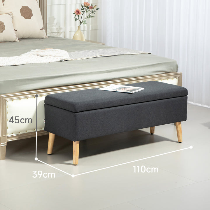 Polstret bænk med opbevaring, sengebænk i linnedlook, gummitræ, 110 x 39 x 45 cm, mørkegrå