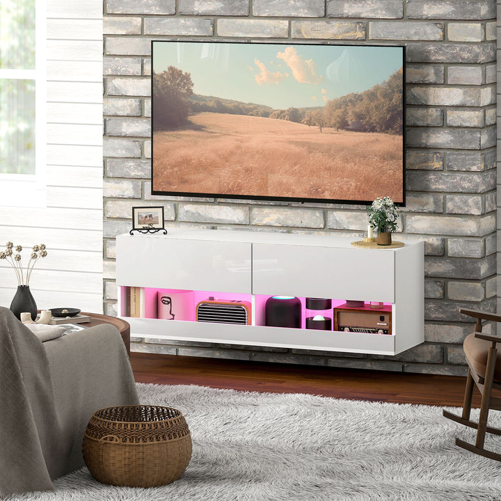 Tv-skab med led-belysning, 16 blinkende tilstande, vægmonteret tv-skab, åbne hylder, 120 x 35 x 40,5 cm, hvid