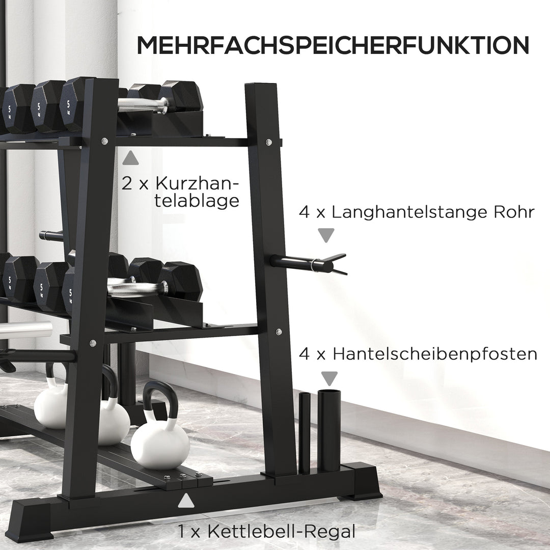 Håndvægtstativ til håndvægte, kettlebells og vægtskiver, 3 niveauer, justerbar, stål, 131 x 75 x 80 cm, sort