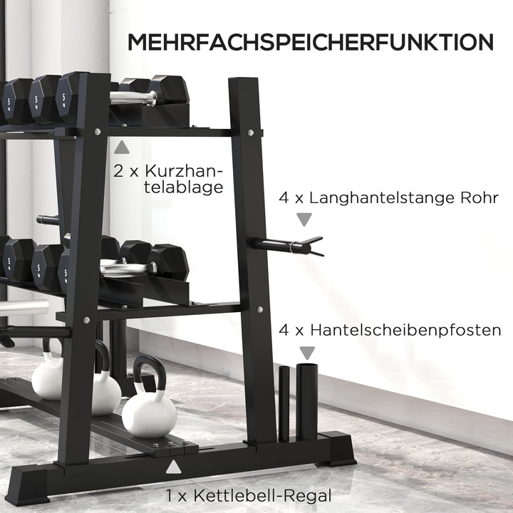 Håndvægtstativ til håndvægte, kettlebells og vægtskiver, 3 niveauer, justerbar, stål, 131 x 75 x 80 cm, sort