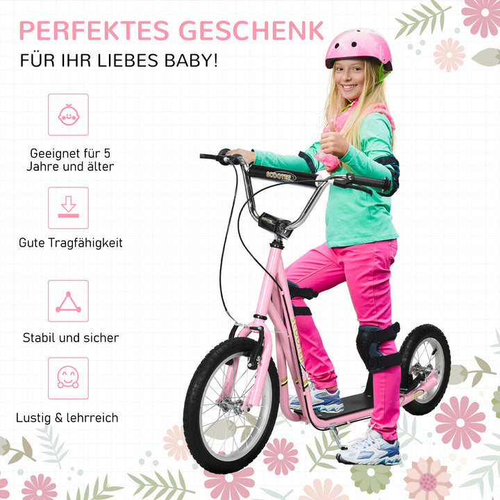 Børneløbehjul med luftgummidæk og håndbremse, 16 tommer højdejusterbart løbehjul til drenge og piger fra 5 år, pink løbehjul med kickboard