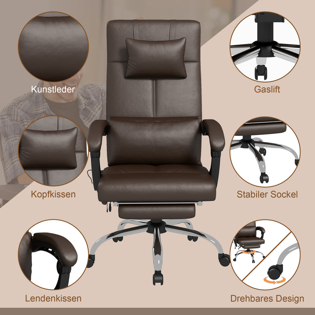 Kontorstol med massagefunktion, ergonomisk skrivebordsstol med lænefunktion, nakkestøtte, højdejusterbar, brun