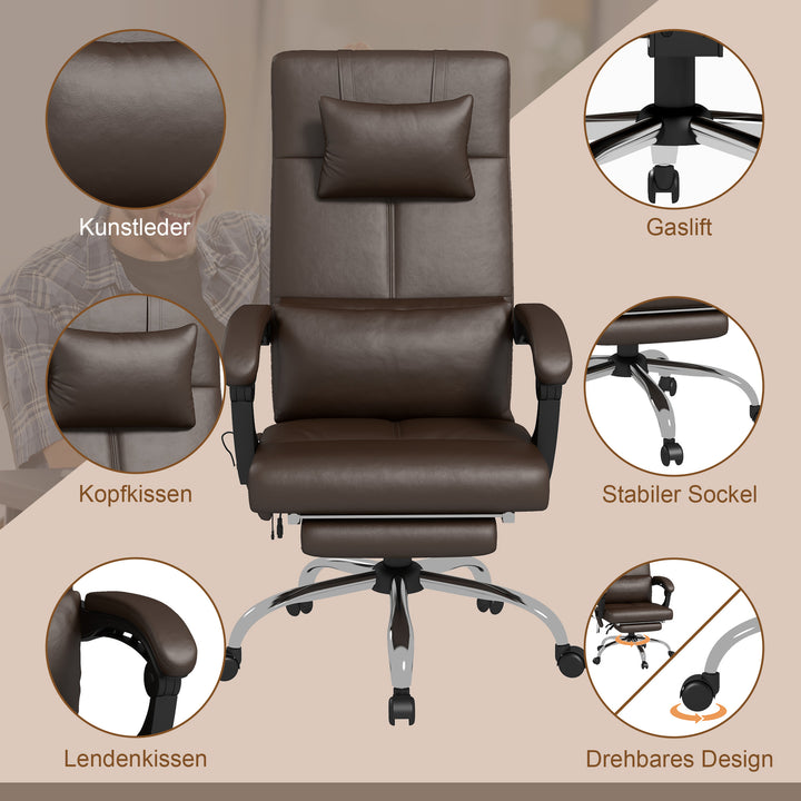 Kontorstol med massagefunktion, ergonomisk skrivebordsstol med lænefunktion, nakkestøtte, højdejusterbar, brun