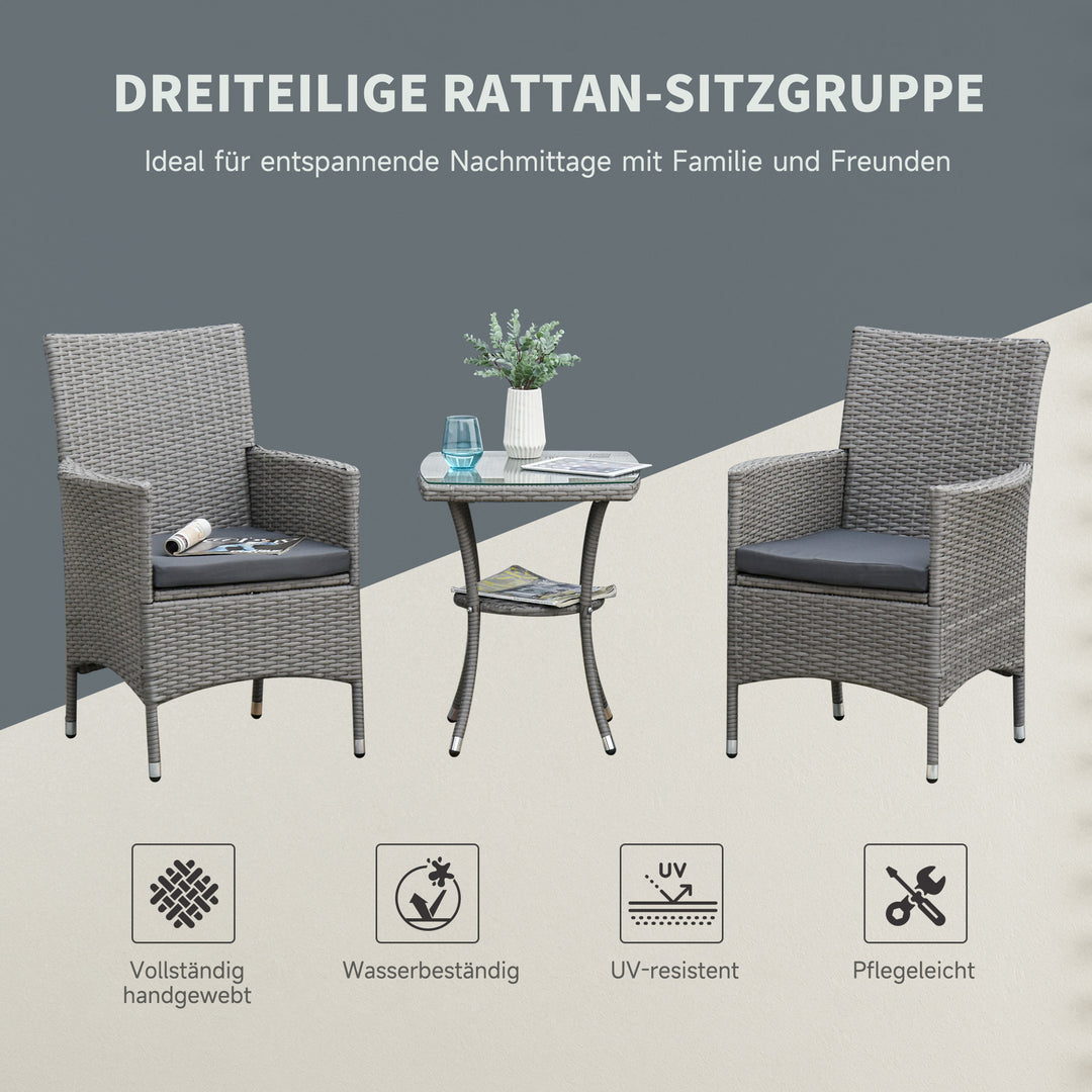 Havemøbelsæt i polyrattan, udendørs lounge med balkonmøbler til 2 personer, 3-delt siddegruppe, 2 stole, bordhynder, havelounge til haven, terrasse, balkon, grå