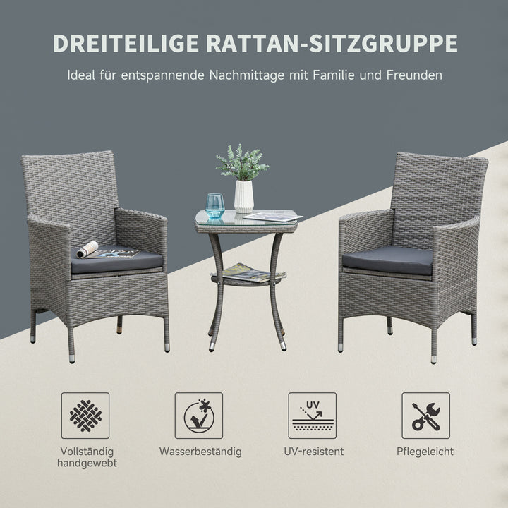 Havemøbelsæt i polyrattan, udendørs lounge med balkonmøbler til 2 personer, 3-delt siddegruppe, 2 stole, bordhynder, havelounge til haven, terrasse, balkon, grå