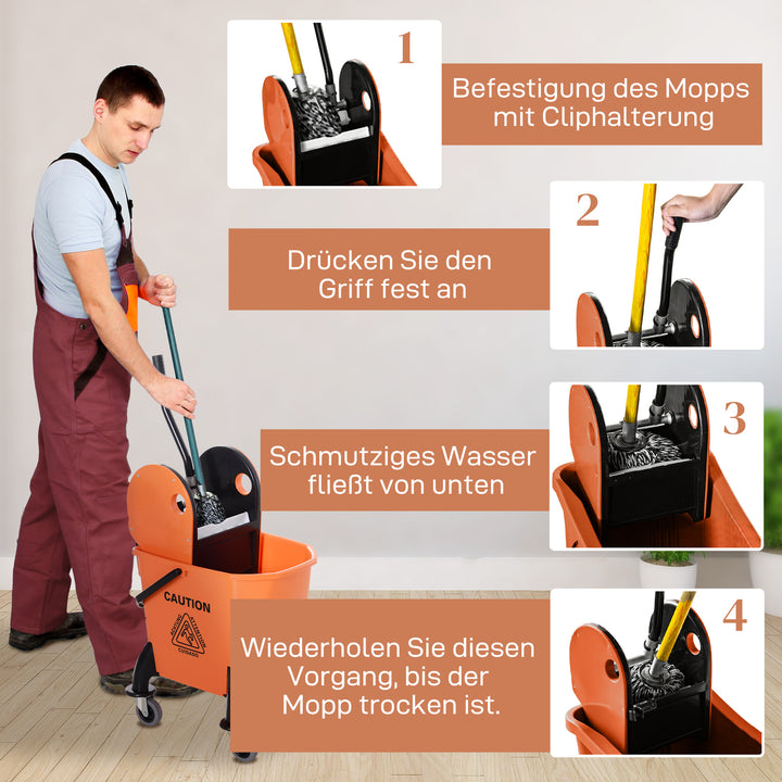 Rullespand til rengøring, moppespand, moppepresse, 26 l, plastik, orange