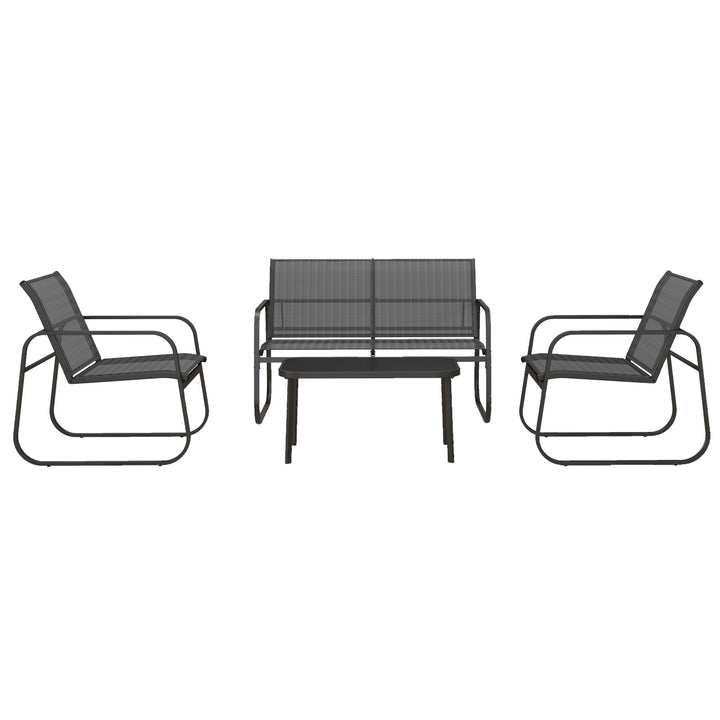 Havemøbelsæt med 4 dele, 2 lænestole, 2-personers sofa, glasbord, åndbart stof, metalstel, sort