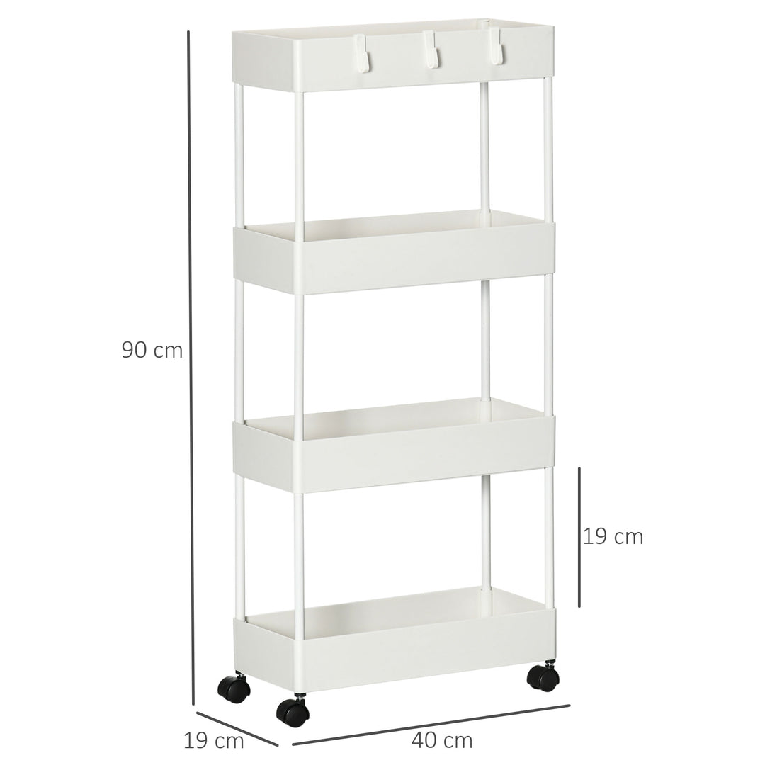 Køkkenvogn med 4 hylder, 4 fleksible kroge, 4 hjul, 40 cm x 19 cm x 90 cm, nichevogn, hvid