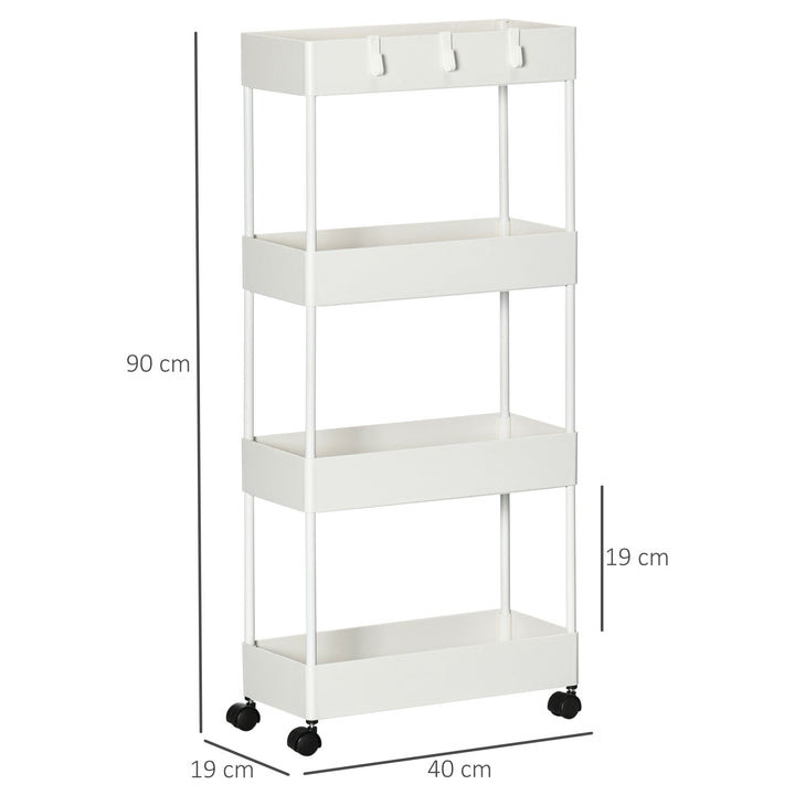 Køkkenvogn med 4 hylder, 4 fleksible kroge, 4 hjul, 40 cm x 19 cm x 90 cm, nichevogn, hvid
