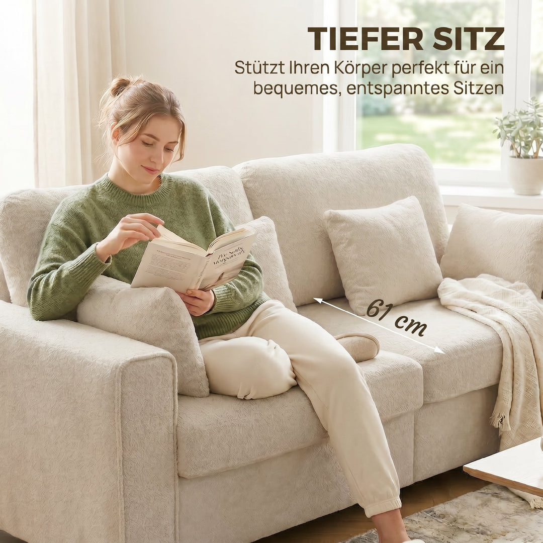 Beige 3-personers sofa med Raindrop-fløjlsbetræk, dybt sæde, fjerpuder, brede armlæn og 4 hynder