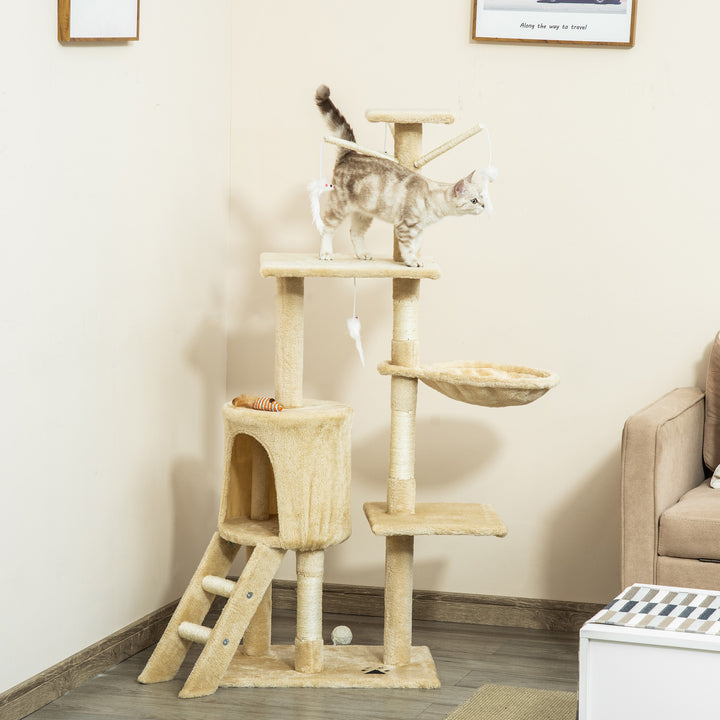 Kradsetræ 134,2 cm kattetårn med hule, 2 sisal-legetøjsstolper, stor platform, trappe, kradsetræ i flere niveauer, klatretræ, til mellemstore katte, beige+hvid