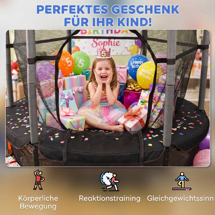 Børnetrampolin, Ø163 cm, med sikkerhedsnet, indendørs og udendørs brug, lasteevne op til 50 kg, stål, plastik, sort