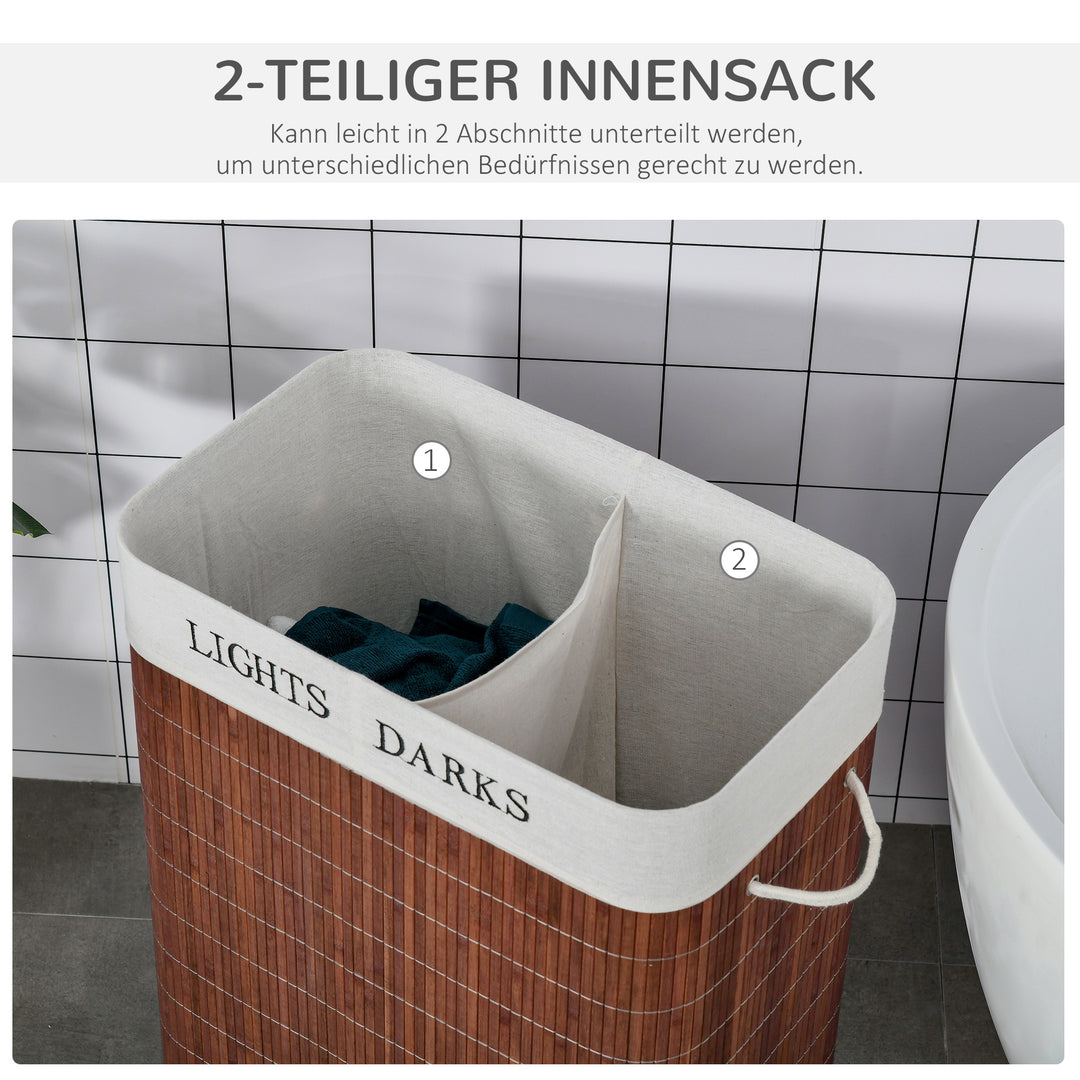 Bambus vasketøjskurv, smal med låg, 100l, 2 aftagelige vasketøjsposer, brun