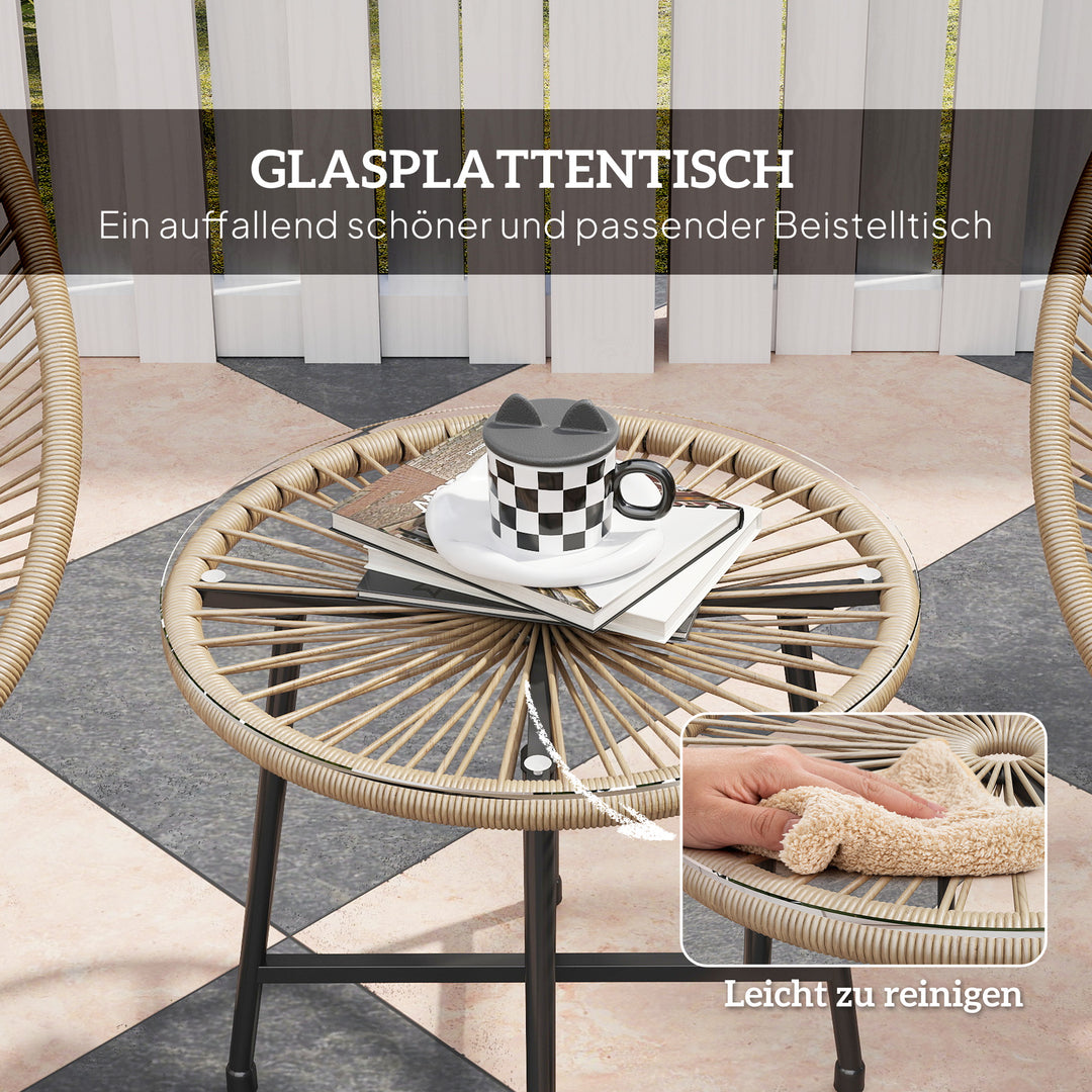 3-delt havemøbelsæt, 2 plastikrattanstole, 1 bord med glasplade, stålstel, udendørs siddepladser, lysebrun