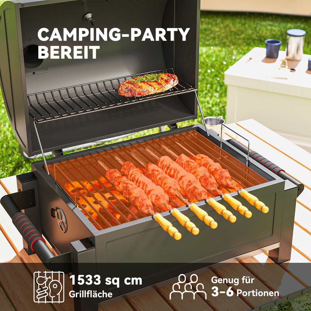 Kulgrill med låg, varmehylde, askeskuffe, termometer, rustfrit stål, 67 x 53 x 55 cm, sort/rød