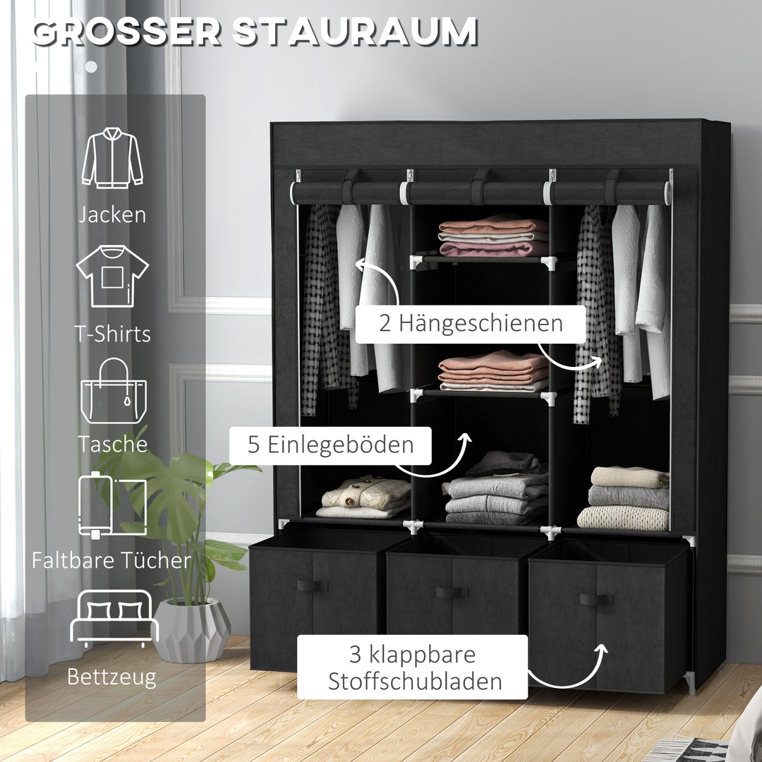 Stofgarderobe lavet af non-woven materiale, sammenklappelig garderobe, inklusive 3 skuffer, 125 cm x 43 cm x 162,5 cm, sort