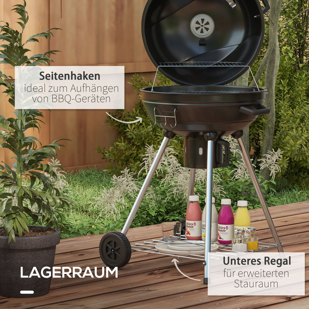 Kuglegrill, ø 54 cm grillrist, varmehylde, opbevaring, askerum, termometer, 55 x 65 x 89 cm, sort