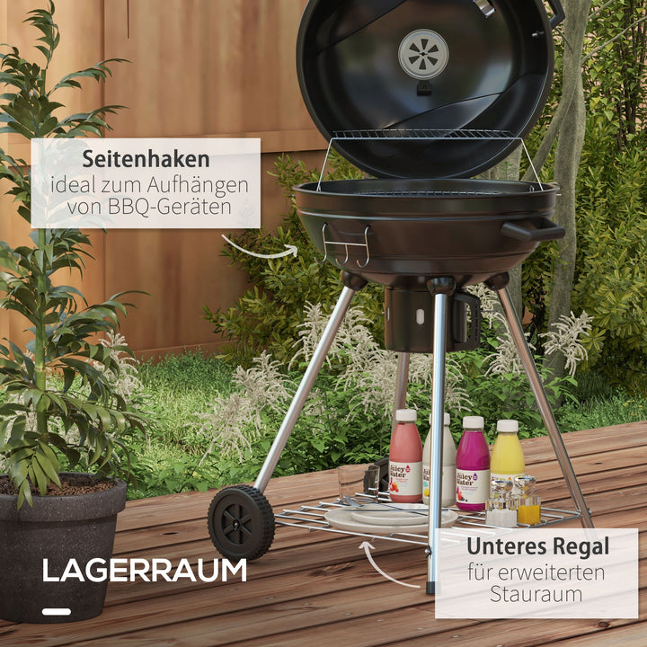Kuglegrill, ø 54 cm grillrist, varmehylde, opbevaring, askerum, termometer, 55 x 65 x 89 cm, sort