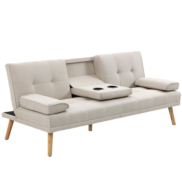 3-Personers sovesofa, ryglæn med justerbart lænestol og klapbord, to armlæn, linnedlook, beige, 181 x 77 x 78 cm