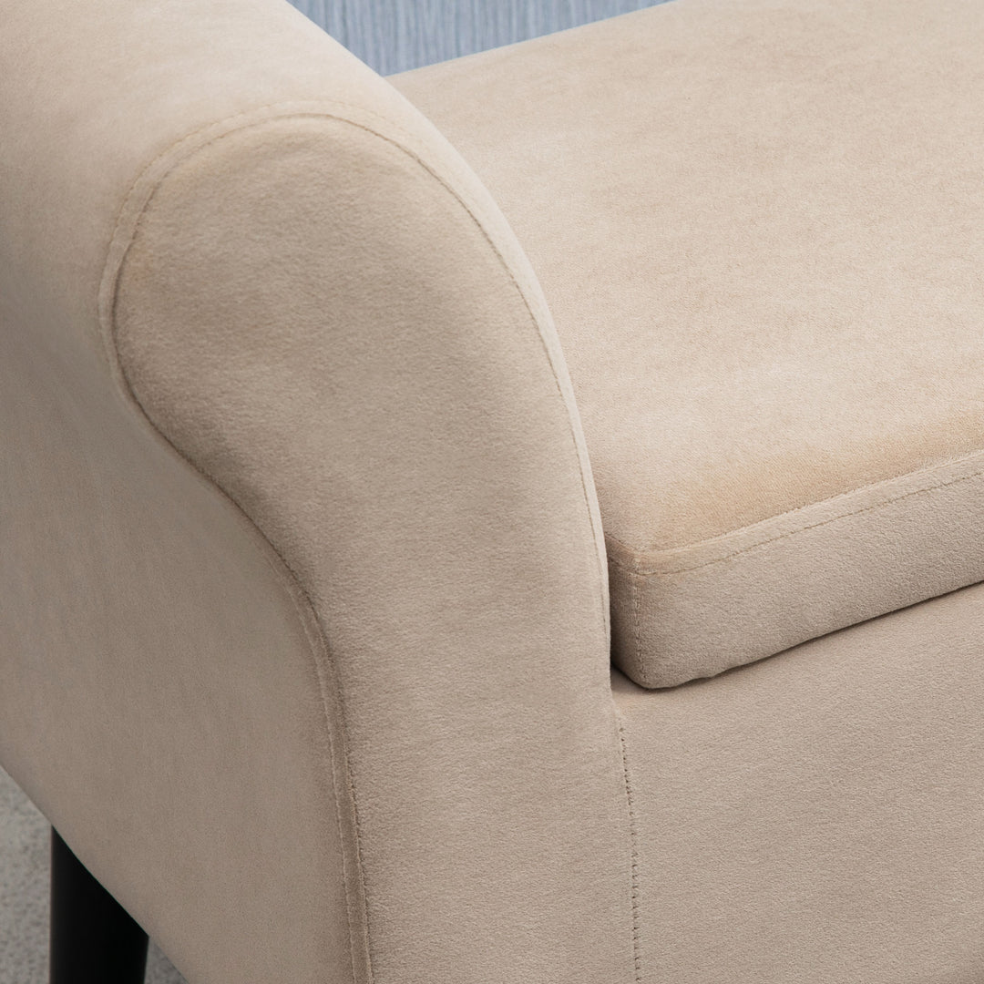 Polstret bænk med opbevaringsplads, kommodebænk med armlæn, 46 cm sædehøjde, fløjl polyester, 111,5 x 41 x 65 cm, beige