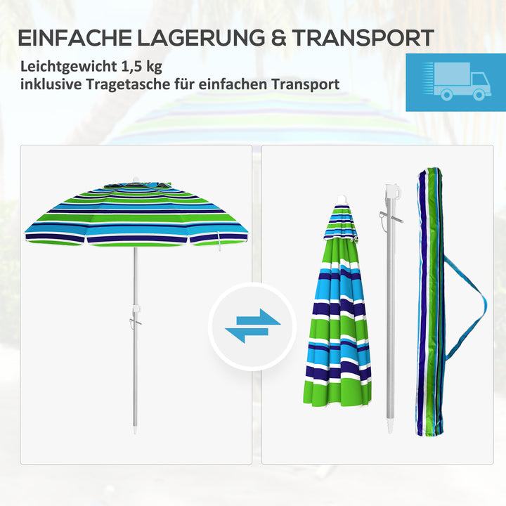 Strandparasol Ø178 cm UV40+ vindtæt, stabil, højdejusterbar strandparasol med vippefunktion, ventilation, taske, flerfarvet