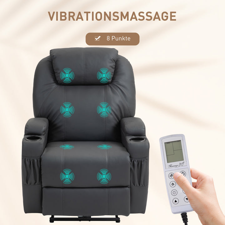 Massagestol, elektrisk justerbar, 8 vibrationspunkter, kopholder, kunstlæder, mørkegrå