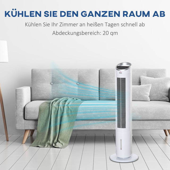 Tårnventilator med vandkøling og fjernbetjening, 60W, 20㎡ (30 cm x 30 cm x 100,8 cm), 3 tilstande, hvid