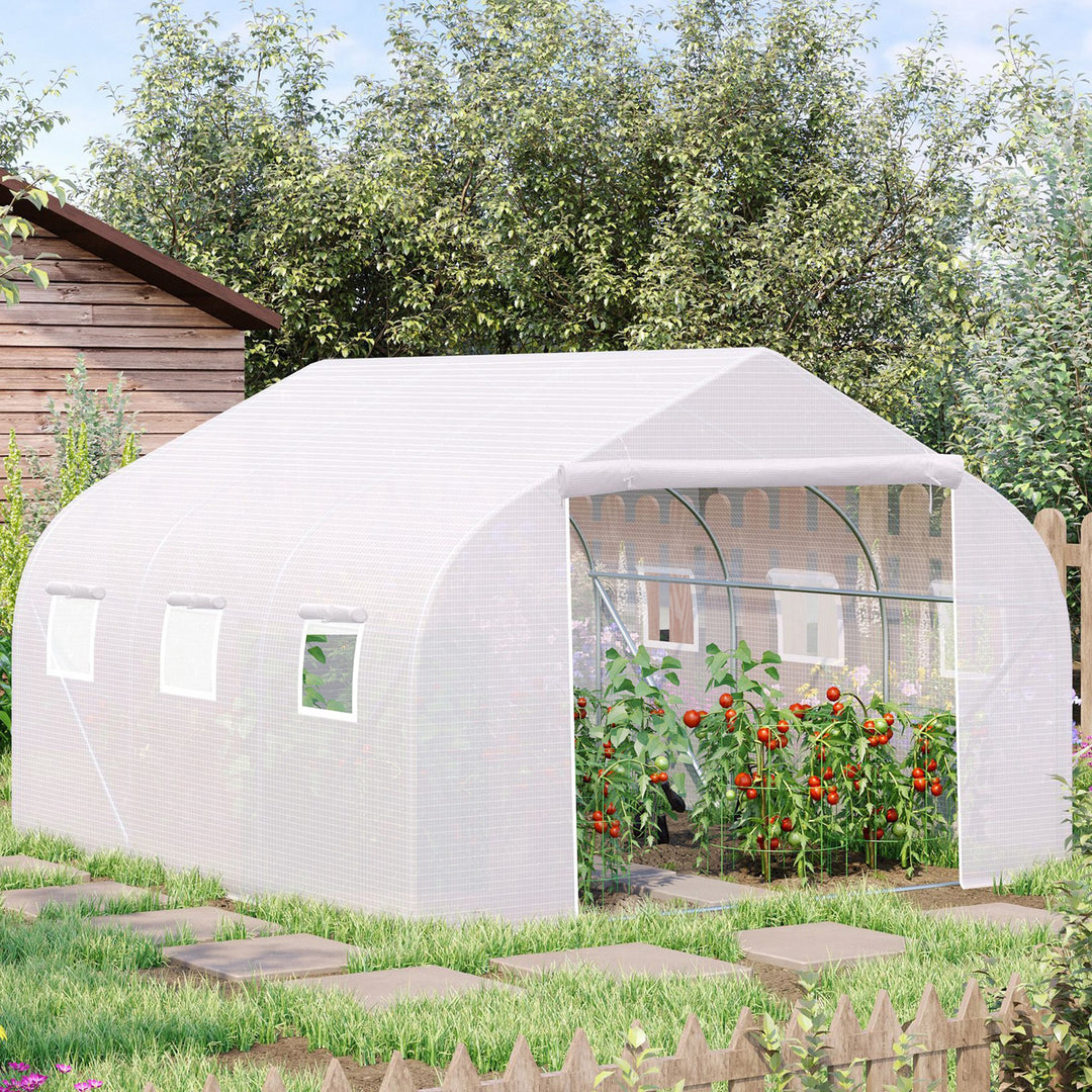 Tunneldrivhus, 6 rullevinduer, dør med lynlås, rivefast folie, metalramme, 3,5 x 3 x 2 m, hvid