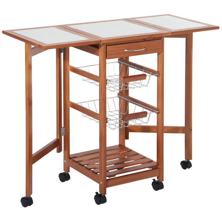 Serveringsvogn, køkkenvogn, to foldbare sideelementer, keramisk top, fyrretræ, 91 x 37 x 75 cm