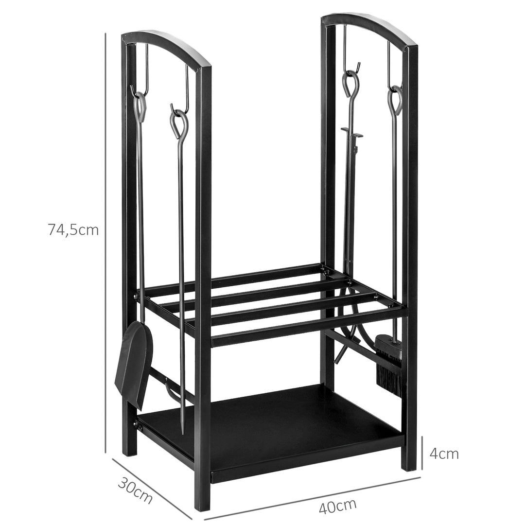 Brændereol, 2-lags brændereol, pejseværktøj, op til 100 kg, stål, sort, 40 x 30 x 74,5 cm