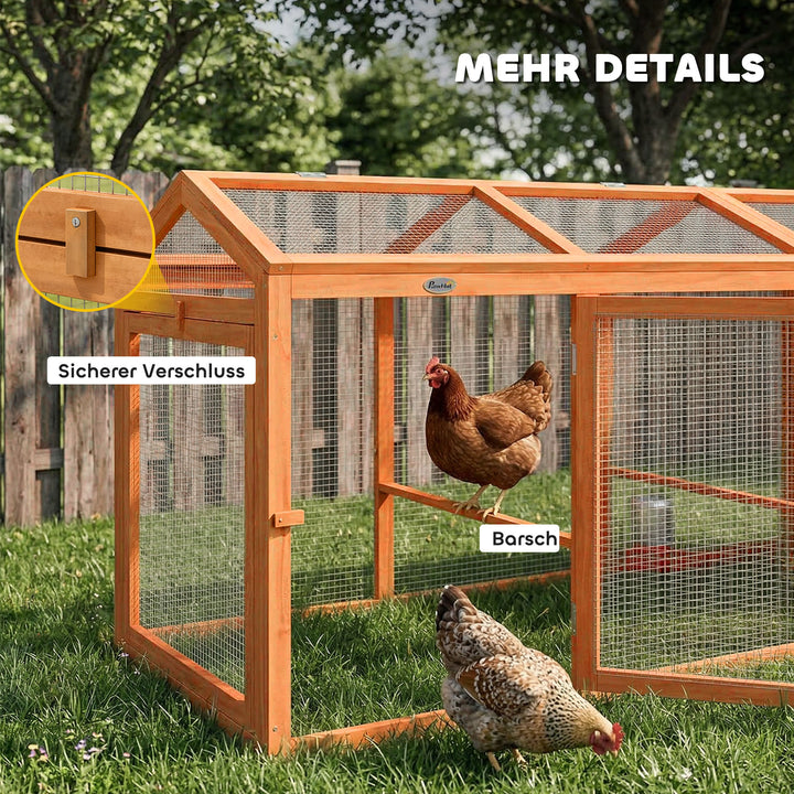 Hønsehus/løbegård med siddepind, dobbeltdøre, lavet af træ og metal, til 4 kyllinger, 156 x 70,5 x 84 cm, orange