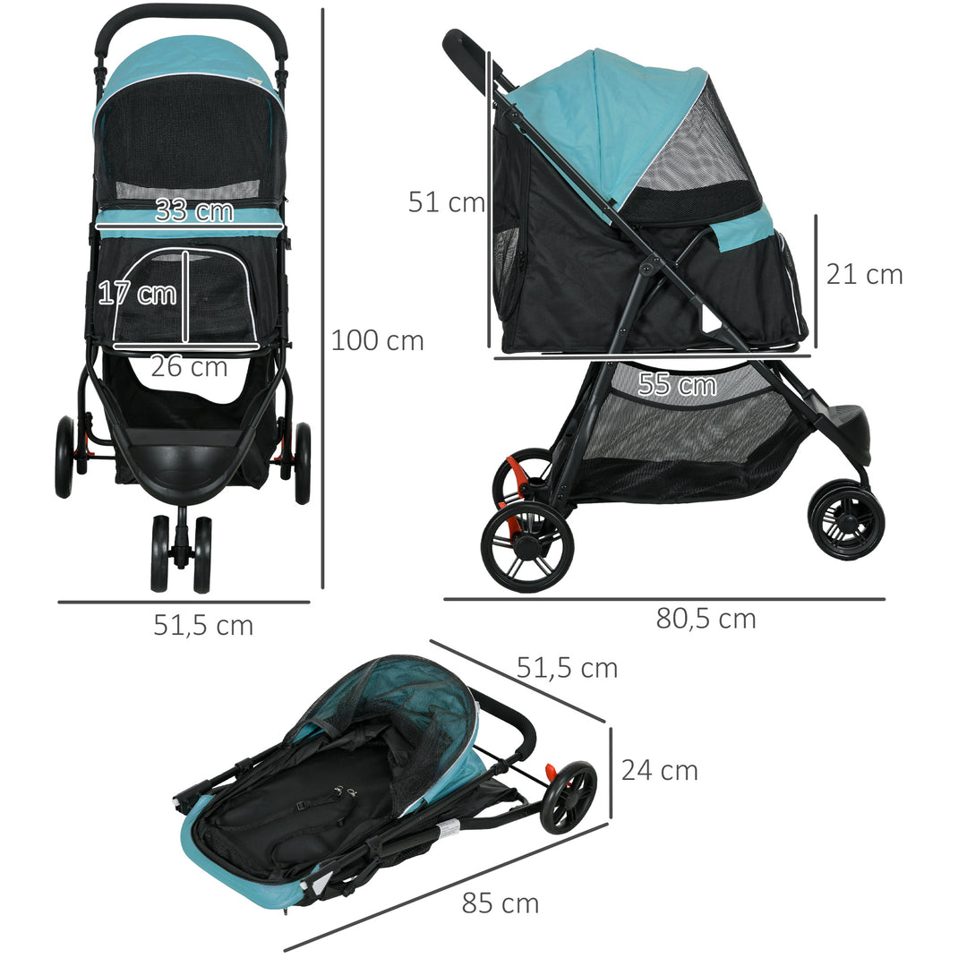 Kæledyrsklapvogn, hundeklapvogn op til 10 kg, foldbar, sikkerhedsline, håndtag, regnslag, opbevaringskurv, blå + sort