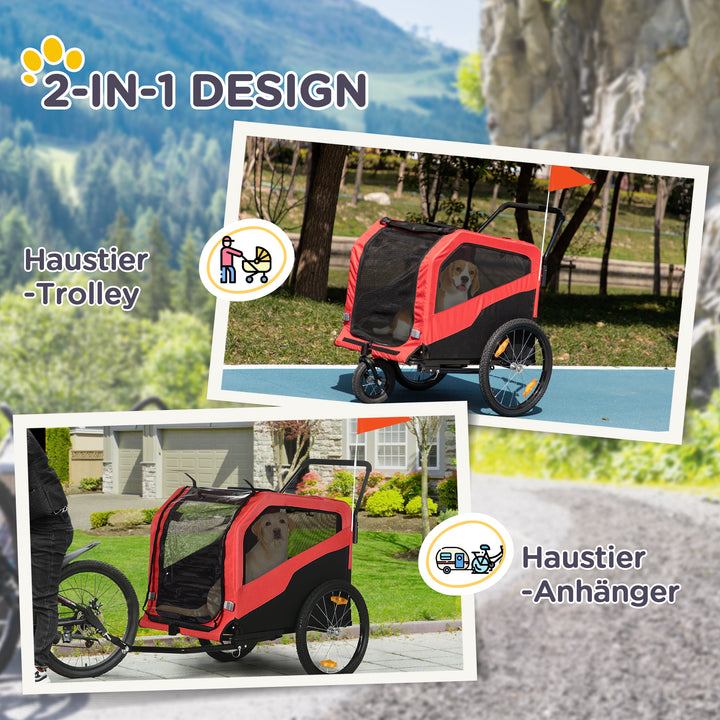 2-I-1 hundetrailer til hunde op til 30 kg, foldbar og opbevarbar, fodstøtte med styr, reflekser, sikkerhedsflag, 170 cm x 77 cm x 90 cm, rød