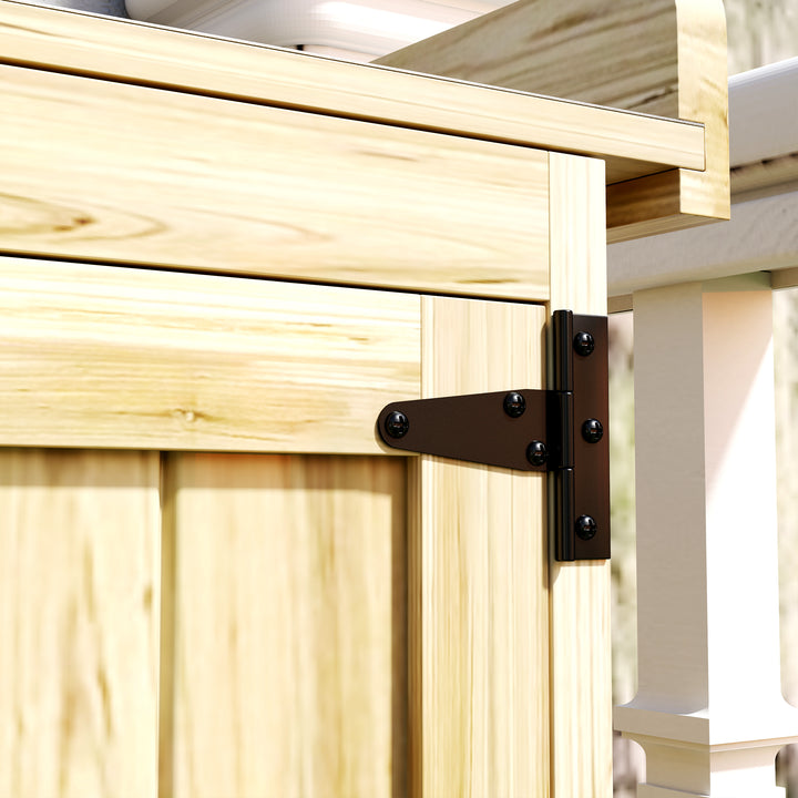 Haveskab, udendørs værktøjsskab med bordplade, træ og rustfrit stål, dobbeltdøre, naturtræ