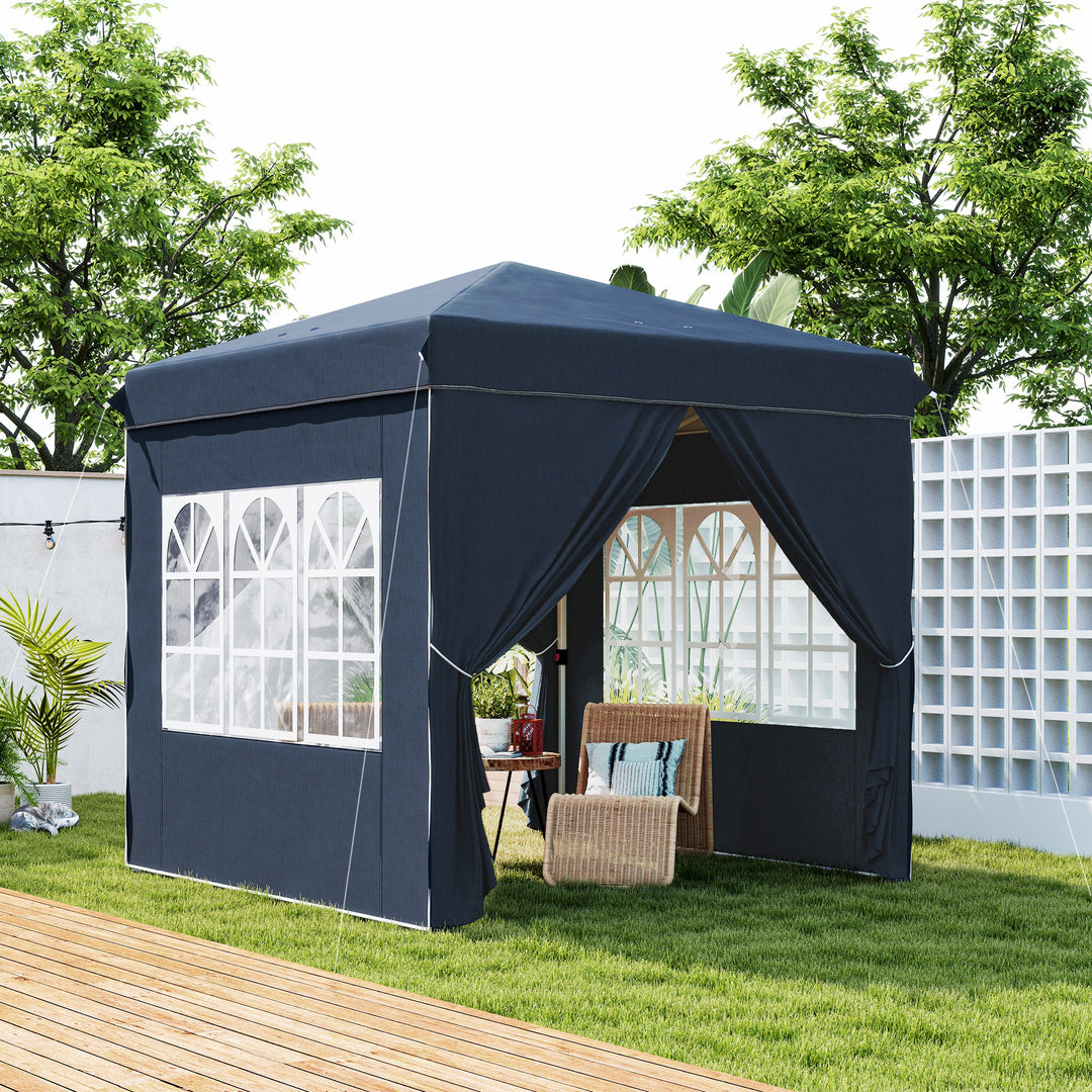 2,5 x 2,5 m pop-up pavillon med sidepaneler og bæretaske, UPF50+ højdejusterbart havetelt, mørkeblå